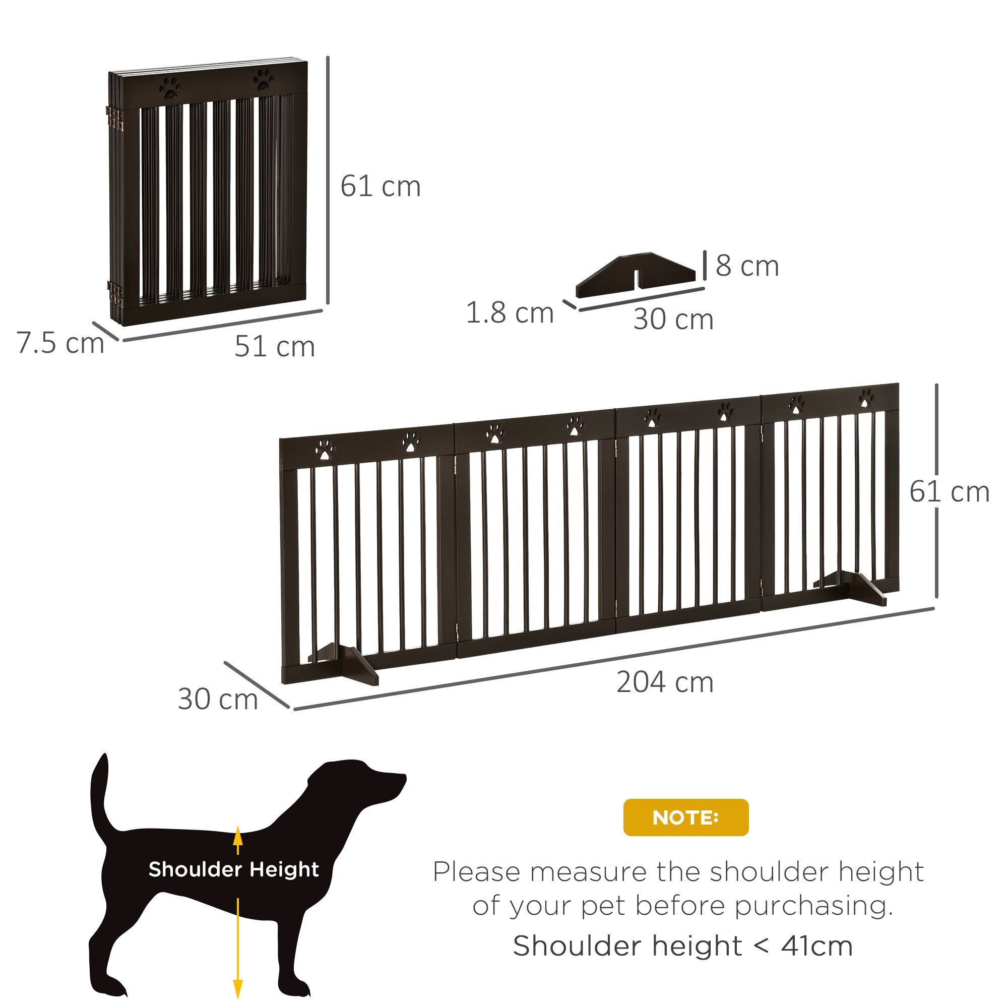 PawHut Freestanding Pet Gate 4 Panel Wooden Dog Barrier Folding Safety Fence with Support Feet up to 204cm Long 61cm Tall for Doorway Stairs Brown 