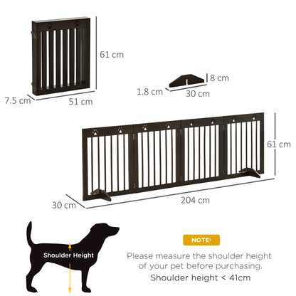 PawHut Freestanding Pet Gate 4 Panel Wooden Dog Barrier Folding Safety Fence with Support Feet up to 204cm Long 61cm Tall for Doorway Stairs Brown 