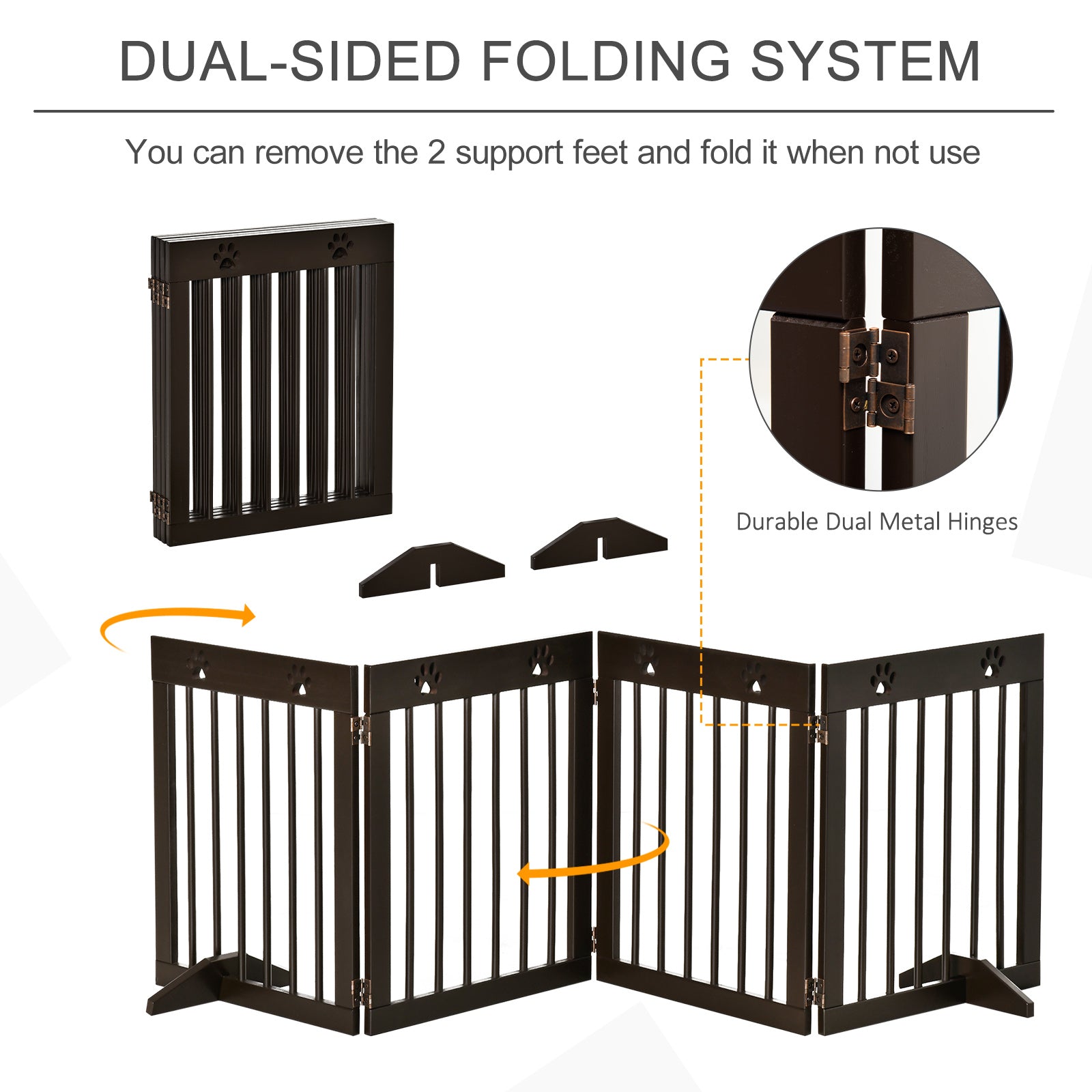 PawHut Freestanding Pet Gate 4 Panel Wooden Dog Barrier Folding Safety Fence with Support Feet up to 204cm Long 61cm Tall for Doorway Stairs Brown 