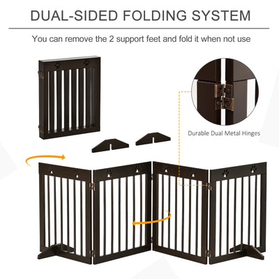 PawHut Freestanding Pet Gate 4 Panel Wooden Dog Barrier Folding Safety Fence with Support Feet up to 204cm Long 61cm Tall for Doorway Stairs Brown 