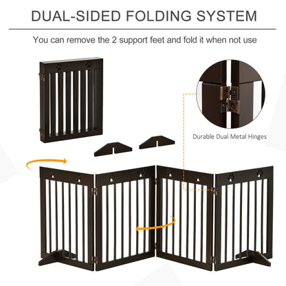 PawHut Freestanding Pet Gate 4 Panel Wooden Dog Barrier Folding Safety Fence with Support Feet up to 204cm Long 61cm Tall for Doorway Stairs Brown 