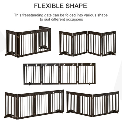 PawHut Freestanding Pet Gate 4 Panel Wooden Dog Barrier Folding Safety Fence with Support Feet up to 204cm Long 61cm Tall for Doorway Stairs Brown 