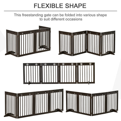 PawHut Freestanding Pet Gate 4 Panel Wooden Dog Barrier Folding Safety Fence with Support Feet up to 204cm Long 61cm Tall for Doorway Stairs Brown 