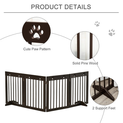PawHut Freestanding Pet Gate 4 Panel Wooden Dog Barrier Folding Safety Fence with Support Feet up to 204cm Long 61cm Tall for Doorway Stairs Brown 