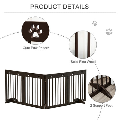 PawHut Freestanding Pet Gate 4 Panel Wooden Dog Barrier Folding Safety Fence with Support Feet up to 204cm Long 61cm Tall for Doorway Stairs Brown 