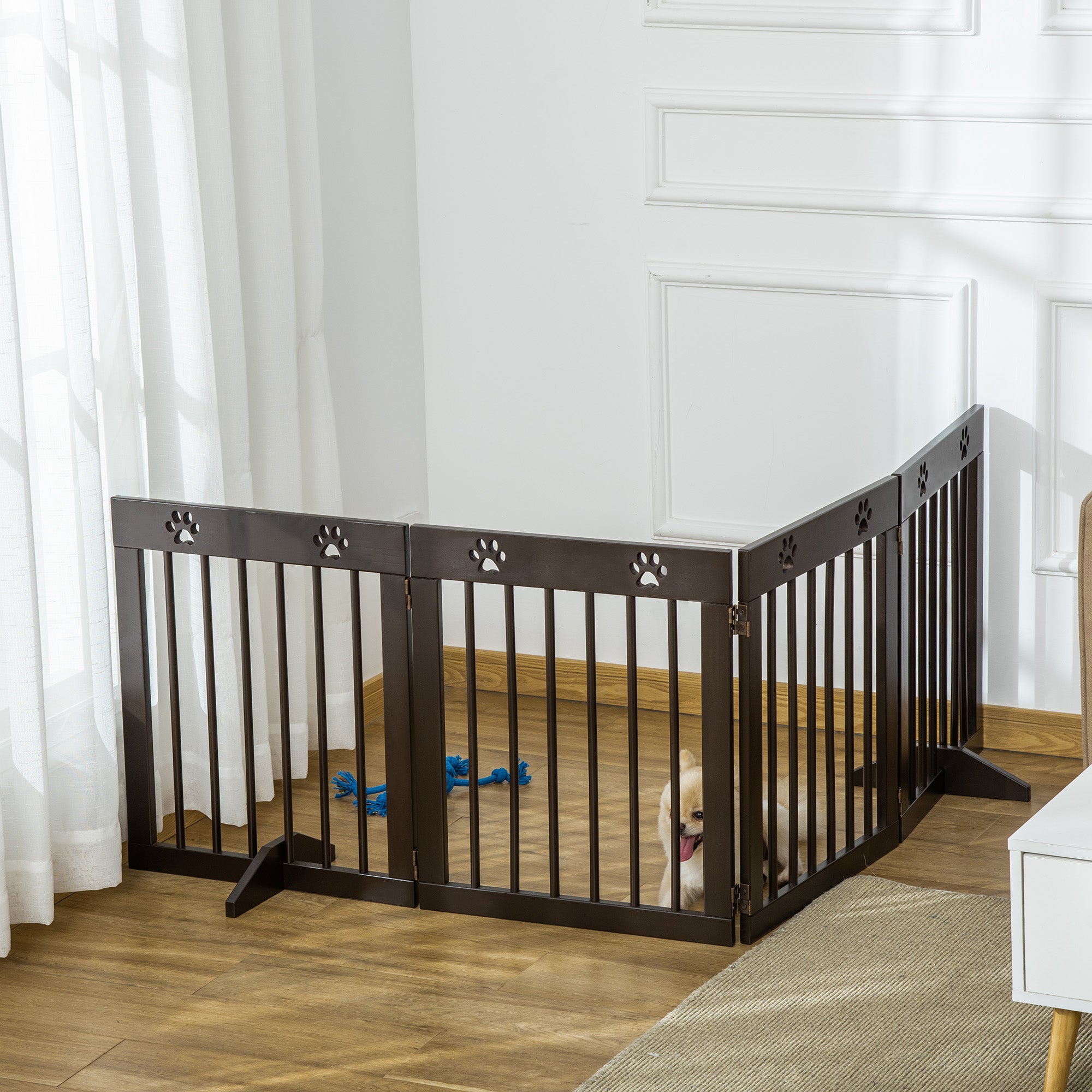 PawHut Freestanding Pet Gate 4 Panel Wooden Dog Barrier Folding Safety Fence with Support Feet up to 204cm Long 61cm Tall for Doorway Stairs Brown 