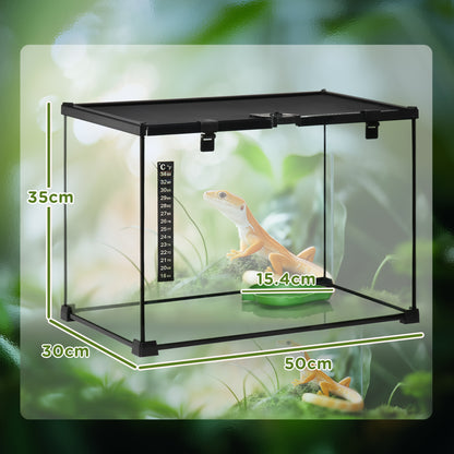 PawHut Glass Reptile Terrarium Insect Breeding Tank Vivarium Habitats with Thermometer for Lizards, Horned Frogs, Snakes, Spiders - Large 50 x 30 x 35cm 