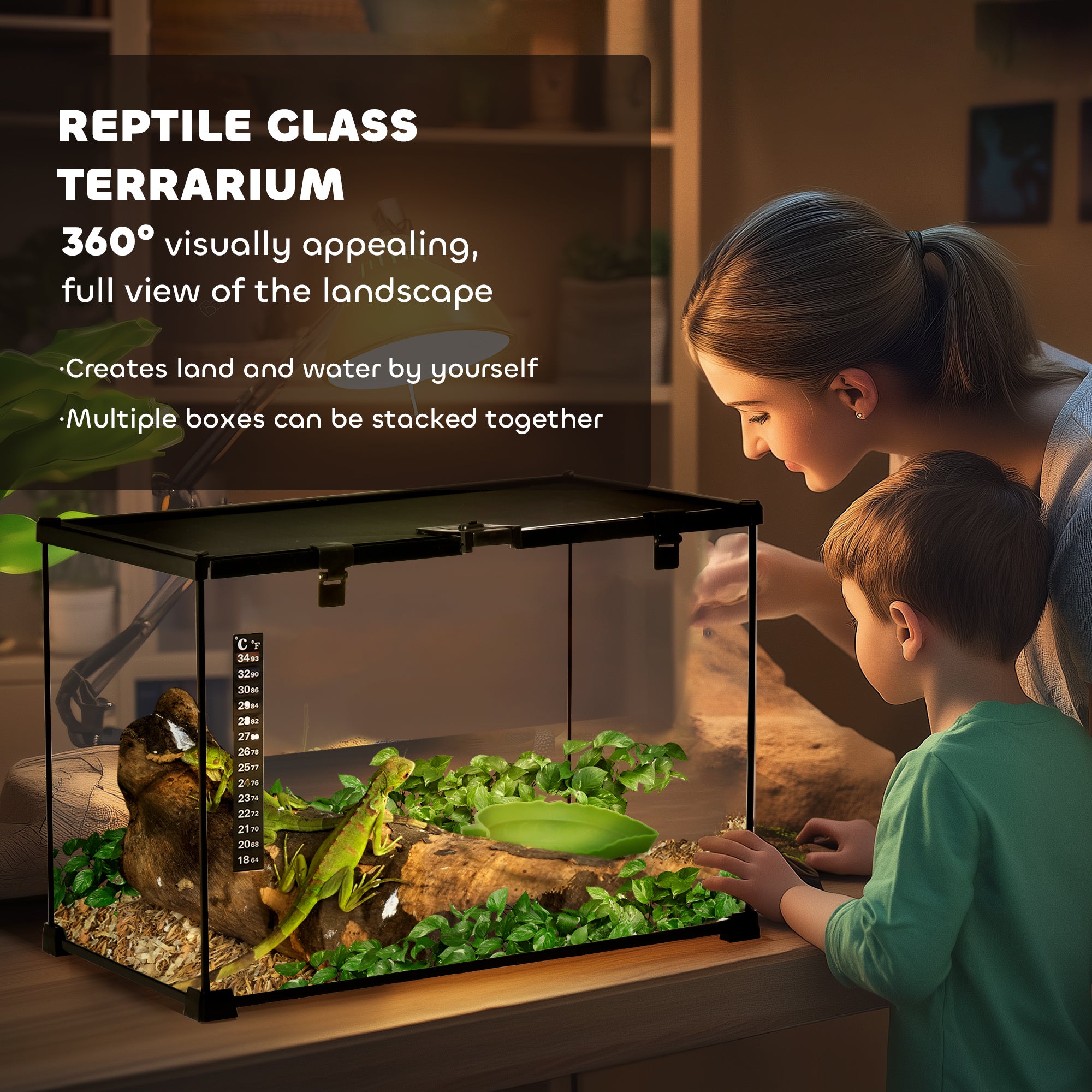 PawHut Glass Reptile Terrarium Insect Breeding Tank Vivarium Habitats with Thermometer for Lizards, Horned Frogs, Snakes, Spiders - Large 50 x 30 x 35cm 