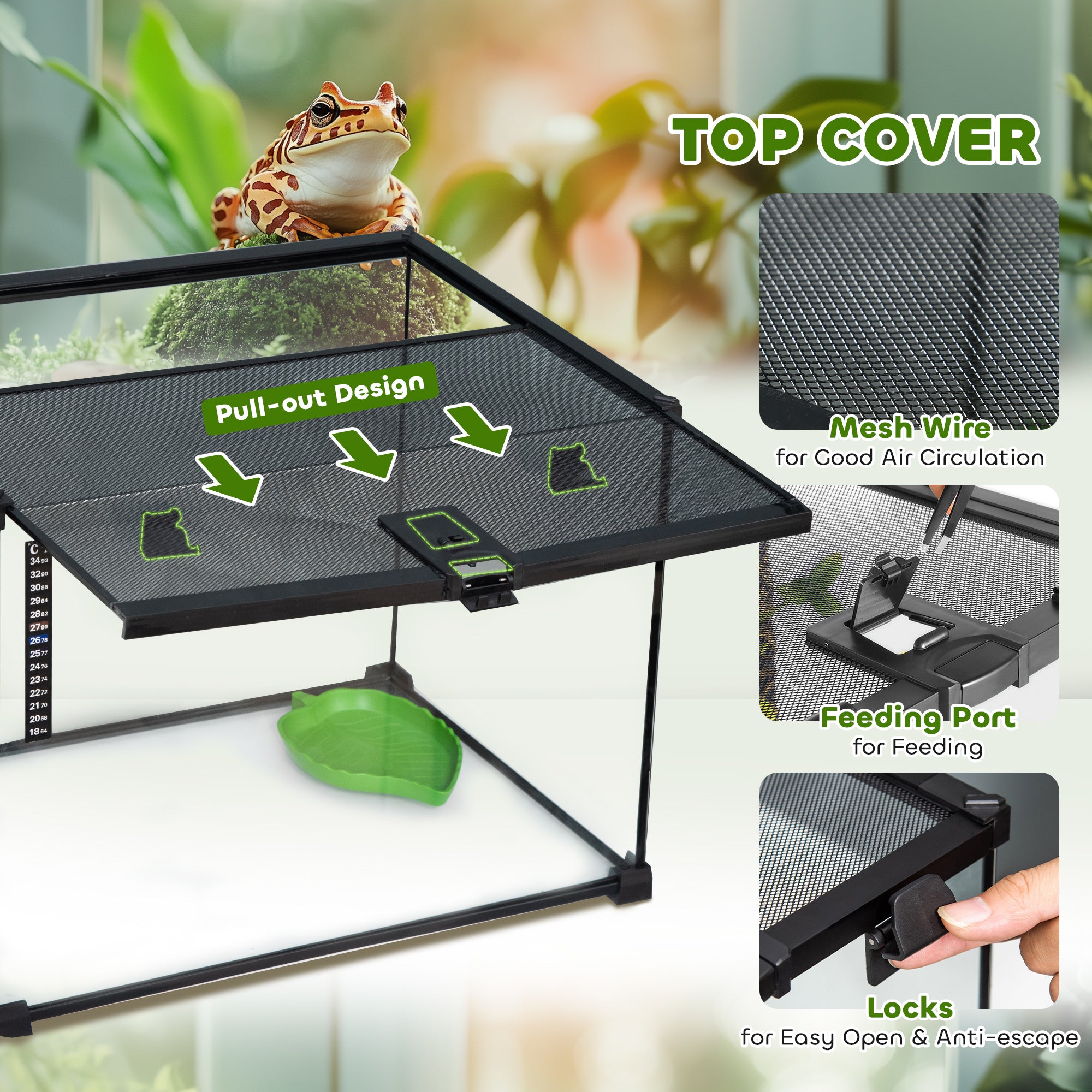 PawHut Glass Reptile Terrarium Insect Breeding Tank Vivarium Habitats with Thermometer for Lizards, Horned Frogs, Snakes, Spiders - Large 50 x 30 x 35cm 