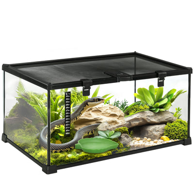 PawHut Glass Reptile Terrarium Insect Breeding Tank Vivarium Habitats with Thermometer for Lizards, Horned Frogs, Snakes, Spiders - Medium 50 x 30 x 25cm 