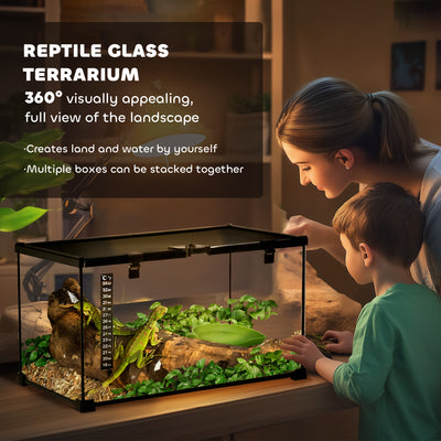 PawHut Glass Reptile Terrarium Insect Breeding Tank Vivarium Habitats with Thermometer for Lizards, Horned Frogs, Snakes, Spiders - Medium 50 x 30 x 25cm 