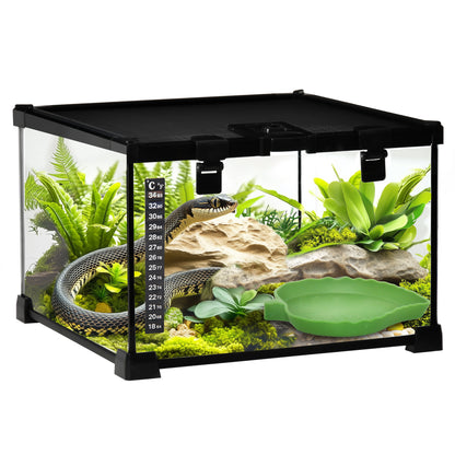 PawHut Glass Reptile Terrarium Insect Breeding Tank Vivarium Habitats with Thermometer for Lizards, Horned Frogs, Snakes, Spiders - Small 30 x 30 x 20cm 
