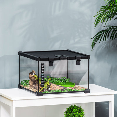 PawHut Glass Reptile Terrarium Insect Breeding Tank Vivarium Habitats with Thermometer for Lizards, Horned Frogs, Snakes, Spiders - Small 30 x 30 x 20cm 