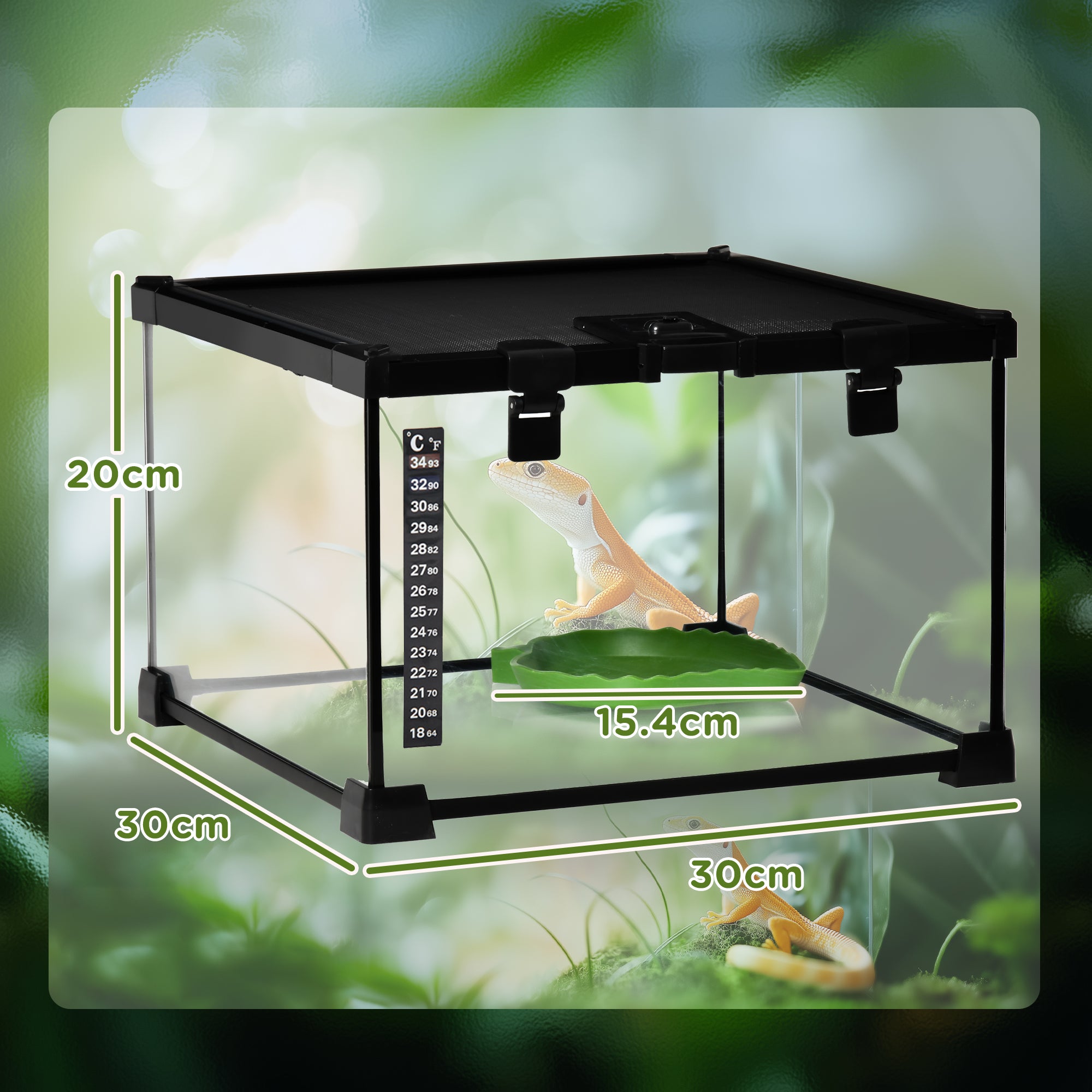 PawHut Glass Reptile Terrarium Insect Breeding Tank Vivarium Habitats with Thermometer for Lizards, Horned Frogs, Snakes, Spiders - Small 30 x 30 x 20cm 