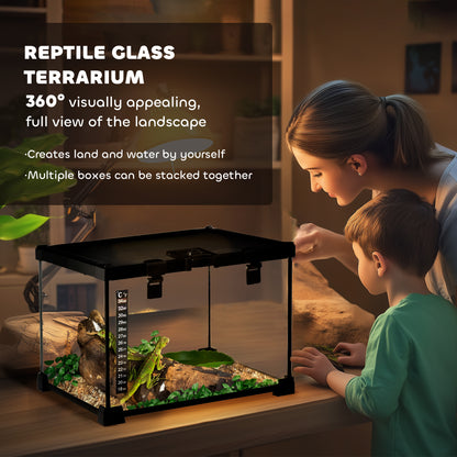 PawHut Glass Reptile Terrarium Insect Breeding Tank Vivarium Habitats with Thermometer for Lizards, Horned Frogs, Snakes, Spiders - Small 30 x 30 x 20cm 