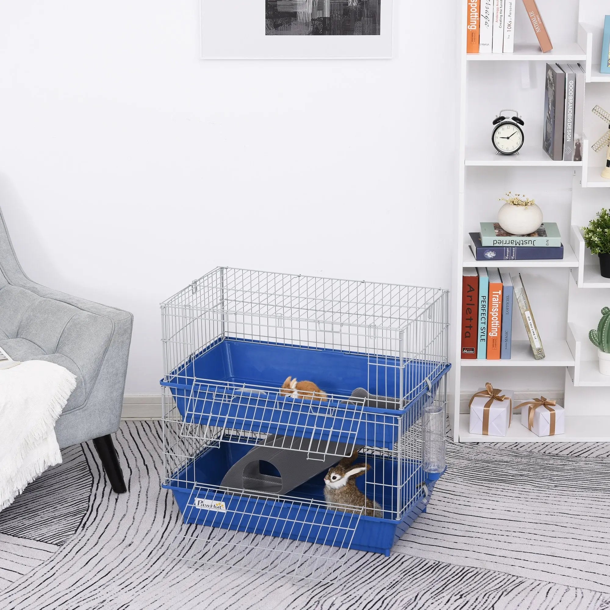 PawHut Metal 2-Tier Small Guinea Pigs Hutches Blue 