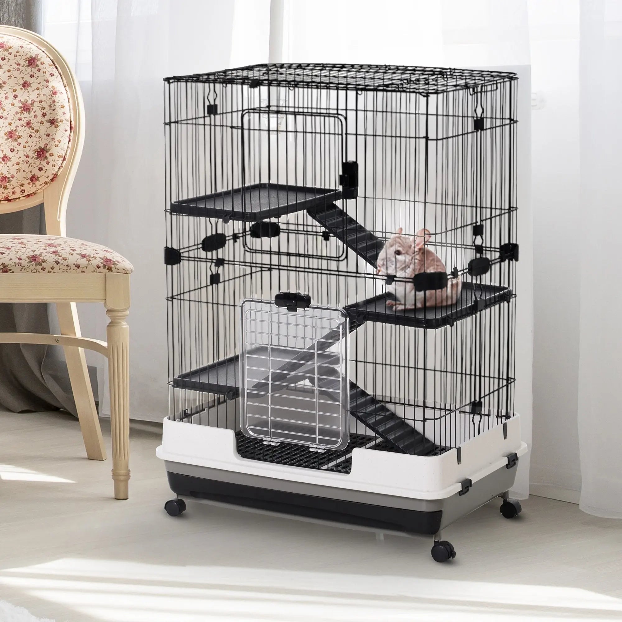 PawHut Metal Wire 3-Tier Small Guinea Pigs Hutches Rabbits Hutches Black/White 