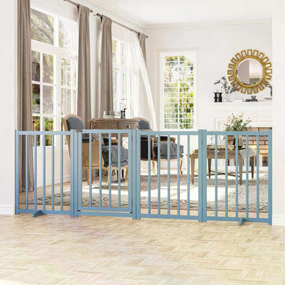 PawHut Pet Gate Wooden Foldable Dog Safety Barrier w/ 4 Panels for Small and Medium Dogs Blue 