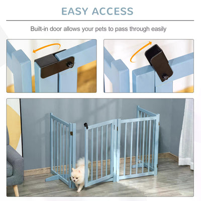 PawHut Pet Gate Wooden Foldable Dog Safety Barrier w/ 4 Panels for Small and Medium Dogs Blue 