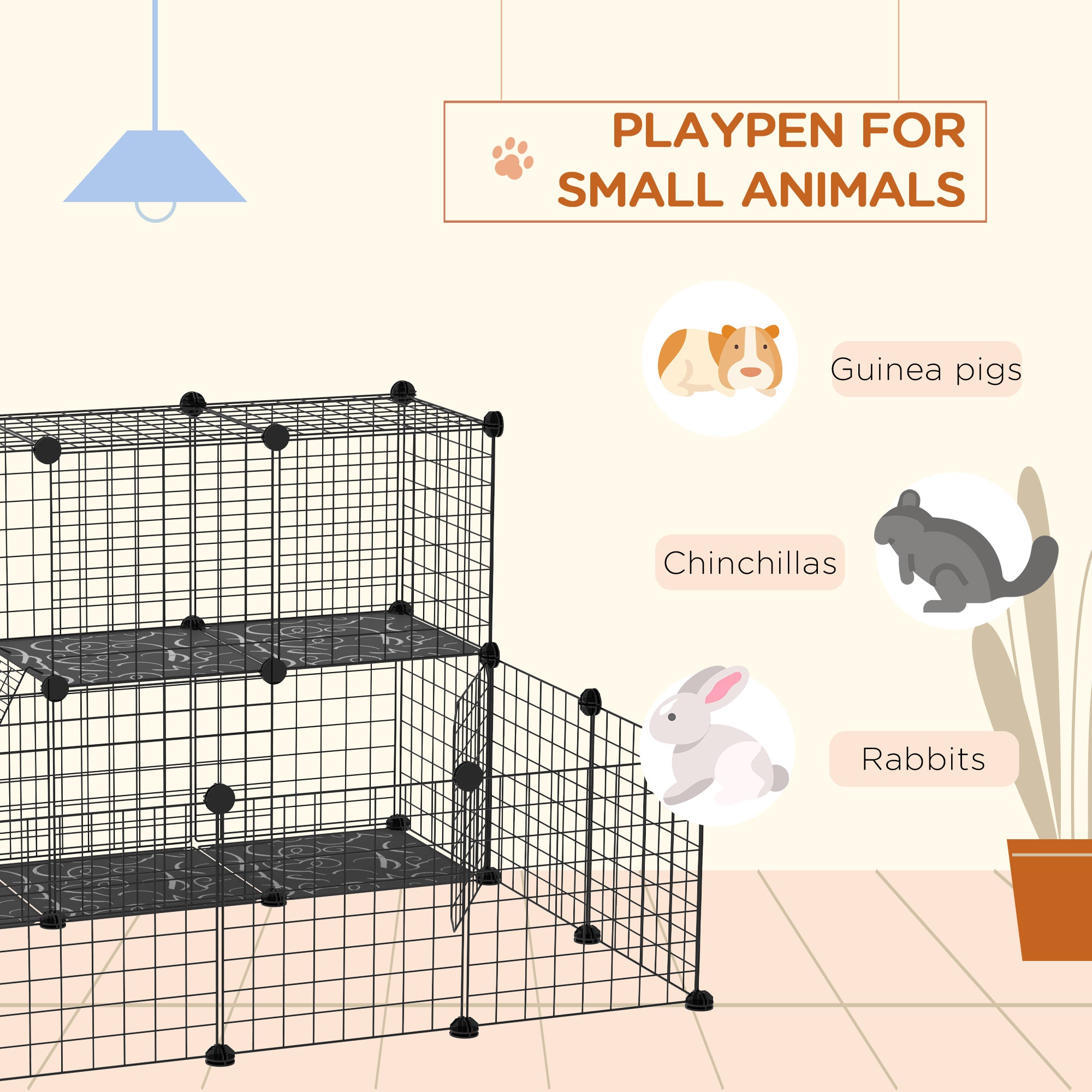PawHut Pet Playpen w/ Door Customisable Fence for Guinea Pigs Chinchillas Hedgehogs - Black 