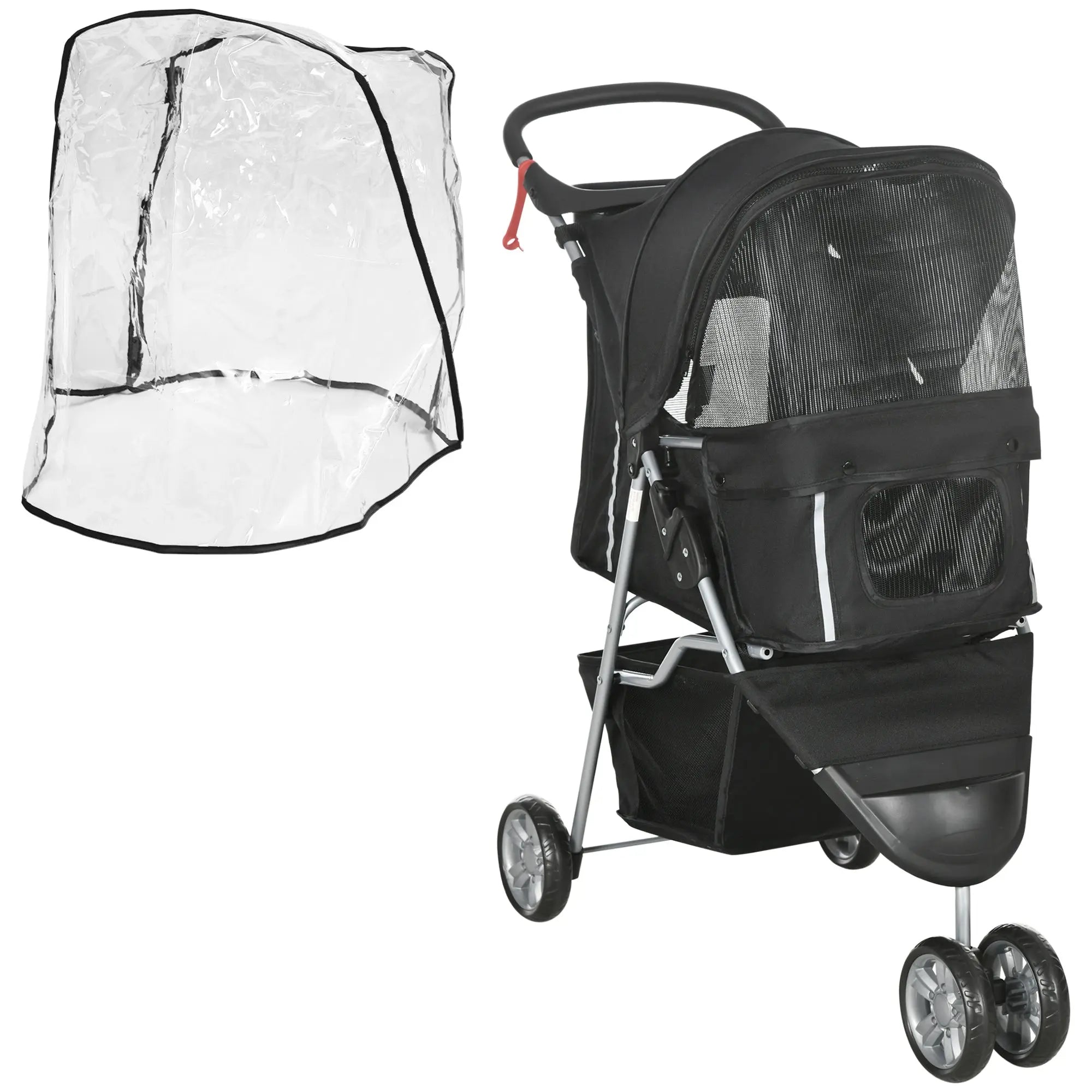 PawHut Pet Travel Stroller with Rain Cover, 3 Wheels Foldable Cat Dog Pushchair with Storage Basket and Cupholder for Small Miniature Dogs(Black) 