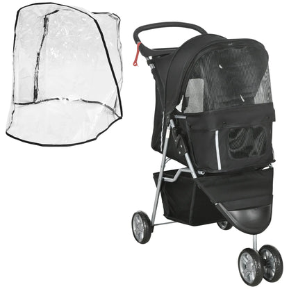PawHut Pet Travel Stroller with Rain Cover, 3 Wheels Foldable Cat Dog Pushchair with Storage Basket and Cupholder for Small Miniature Dogs(Black) 