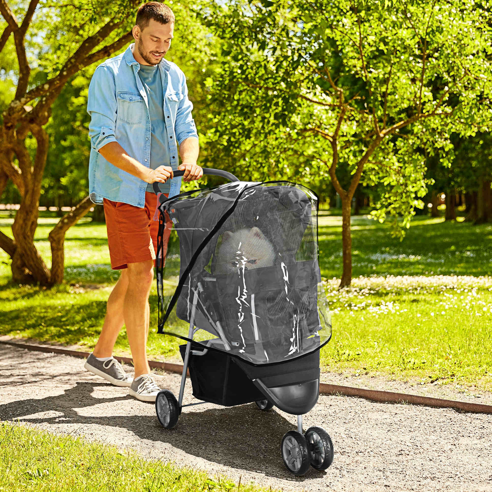 PawHut Pet Travel Stroller with Rain Cover, 3 Wheels Foldable Cat Dog Pushchair with Storage Basket and Cupholder for Small Miniature Dogs(Black) 