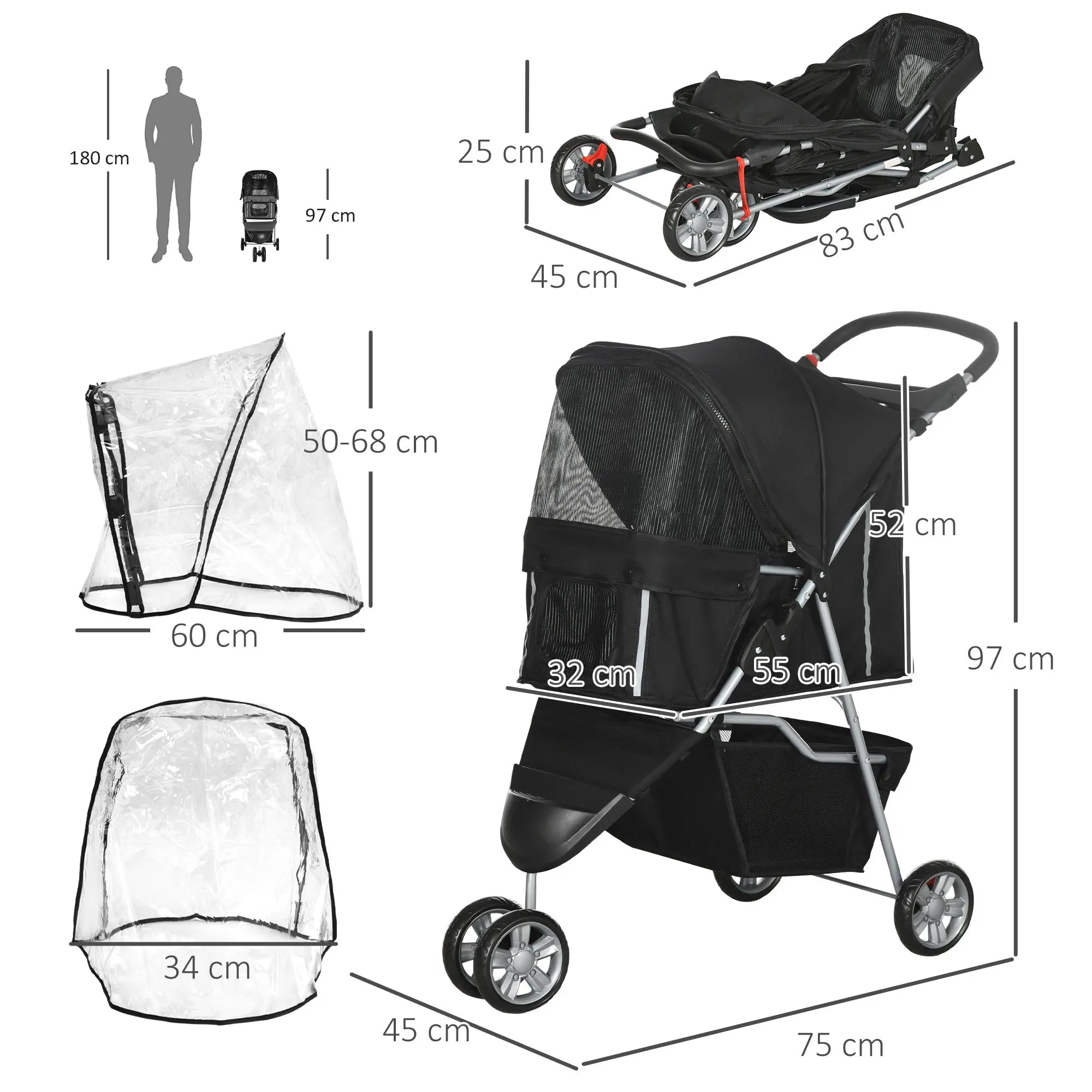 PawHut Pet Travel Stroller with Rain Cover, 3 Wheels Foldable Cat Dog Pushchair with Storage Basket and Cupholder for Small Miniature Dogs(Black) 