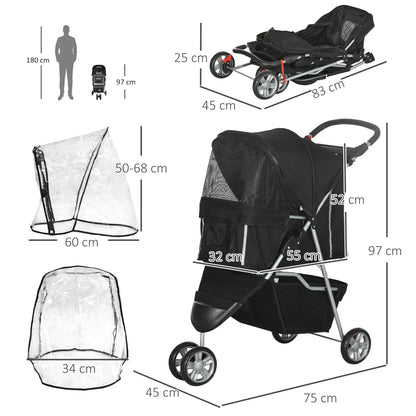 PawHut Pet Travel Stroller with Rain Cover, 3 Wheels Foldable Cat Dog Pushchair with Storage Basket and Cupholder for Small Miniature Dogs(Black) 