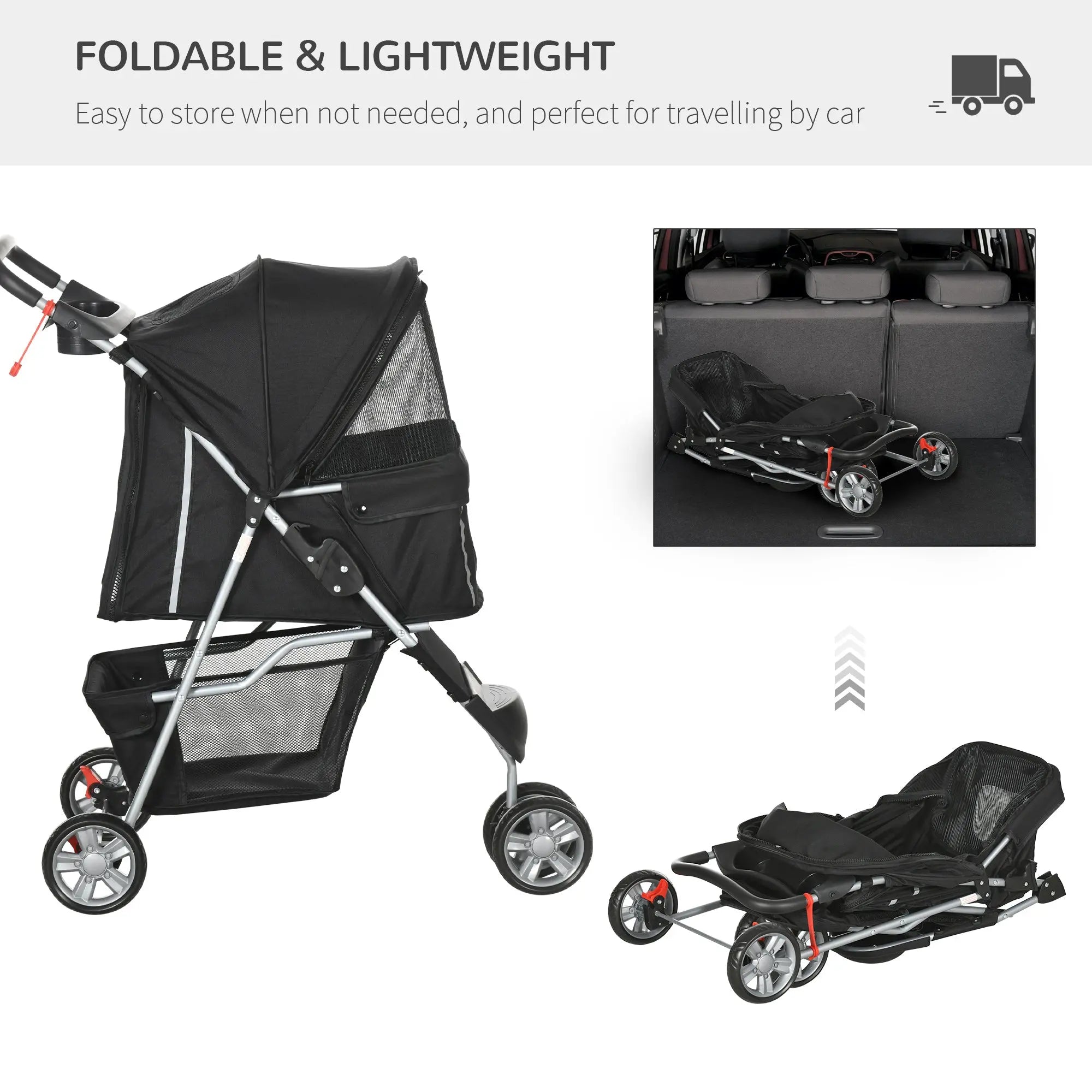 PawHut Pet Travel Stroller with Rain Cover, 3 Wheels Foldable Cat Dog Pushchair with Storage Basket and Cupholder for Small Miniature Dogs(Black) 