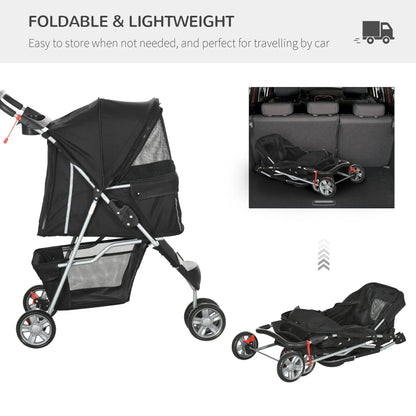PawHut Pet Travel Stroller with Rain Cover, 3 Wheels Foldable Cat Dog Pushchair with Storage Basket and Cupholder for Small Miniature Dogs(Black) 