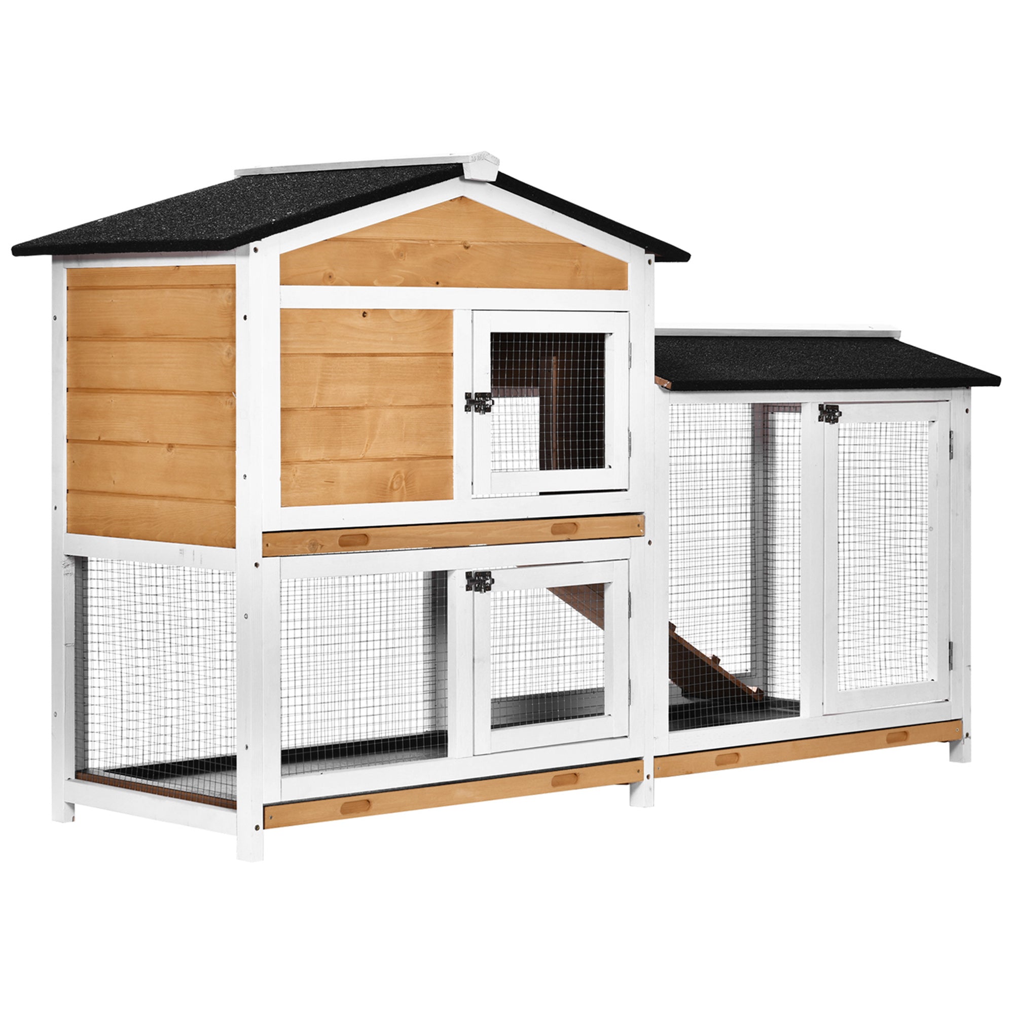 PawHut Rabbit Hutch Guinea Pig Hutch Wooden House with Run, 2 Tier Pet Cage Outdoor with No-leak Plastic Trays, 157.4 x 53 x 93.5cm, Yellow 