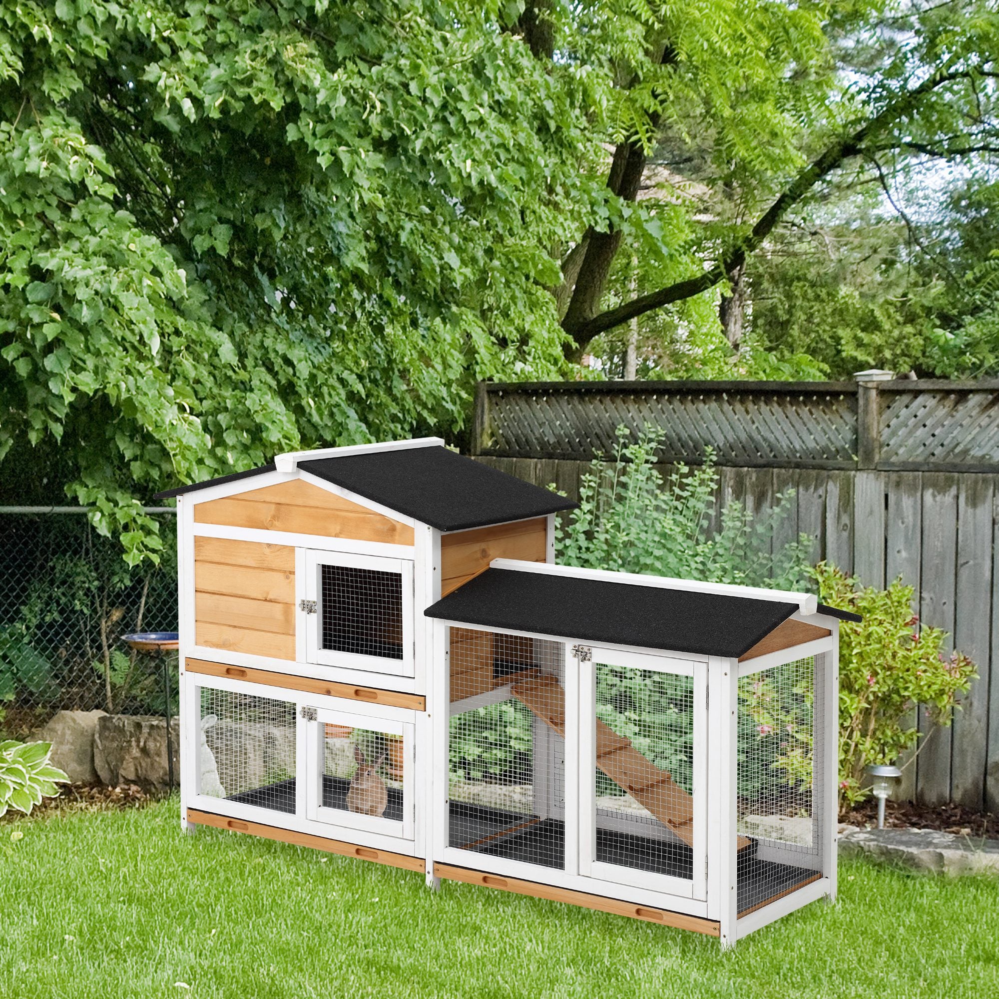 PawHut Rabbit Hutch Guinea Pig Hutch Wooden House with Run, 2 Tier Pet Cage Outdoor with No-leak Plastic Trays, 157.4 x 53 x 93.5cm, Yellow 