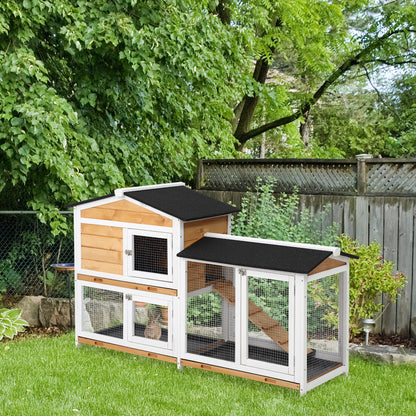 PawHut Rabbit Hutch Guinea Pig Hutch Wooden House with Run, 2 Tier Pet Cage Outdoor with No-leak Plastic Trays, 157.4 x 53 x 93.5cm, Yellow 
