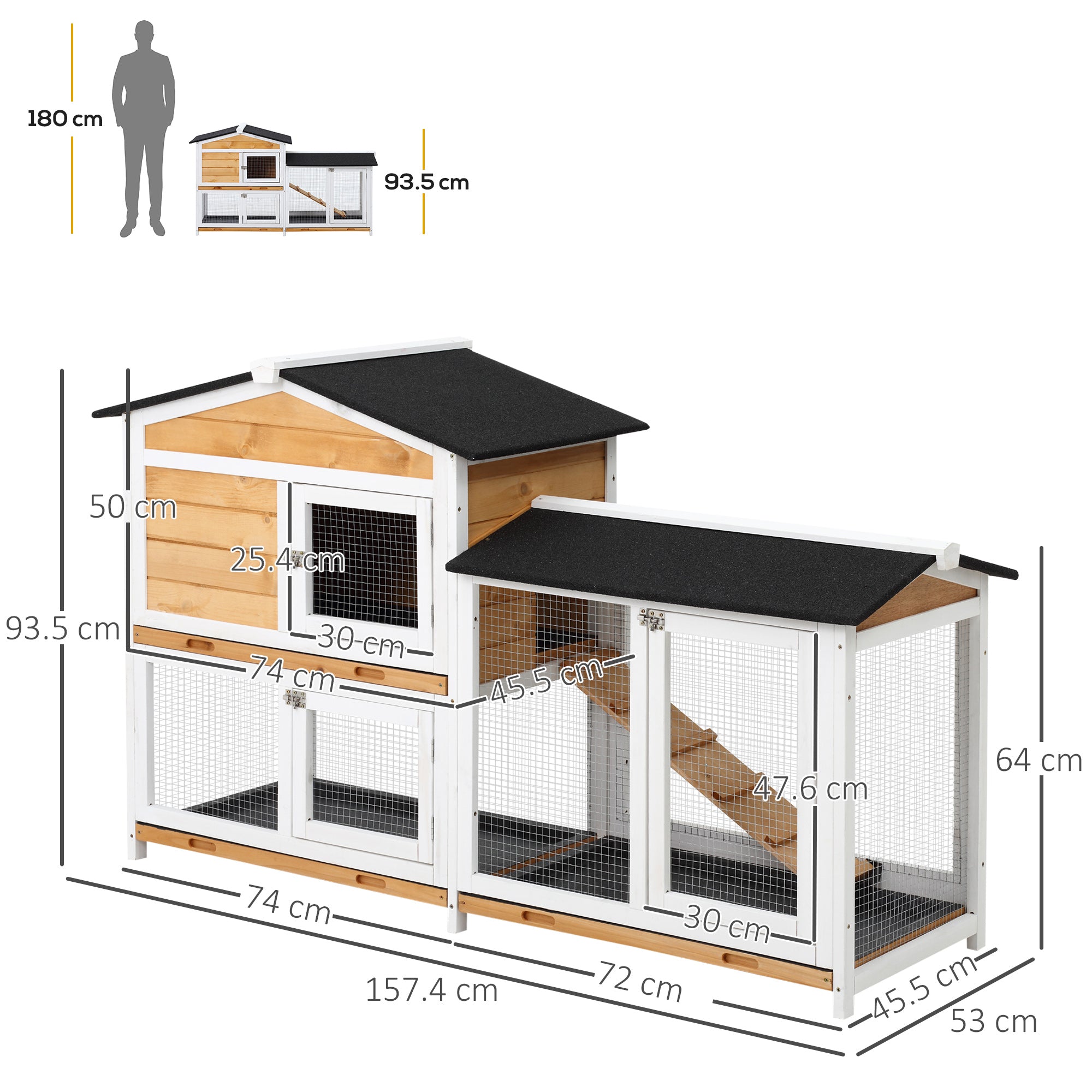 PawHut Rabbit Hutch Guinea Pig Hutch Wooden House with Run, 2 Tier Pet Cage Outdoor with No-leak Plastic Trays, 157.4 x 53 x 93.5cm, Yellow 