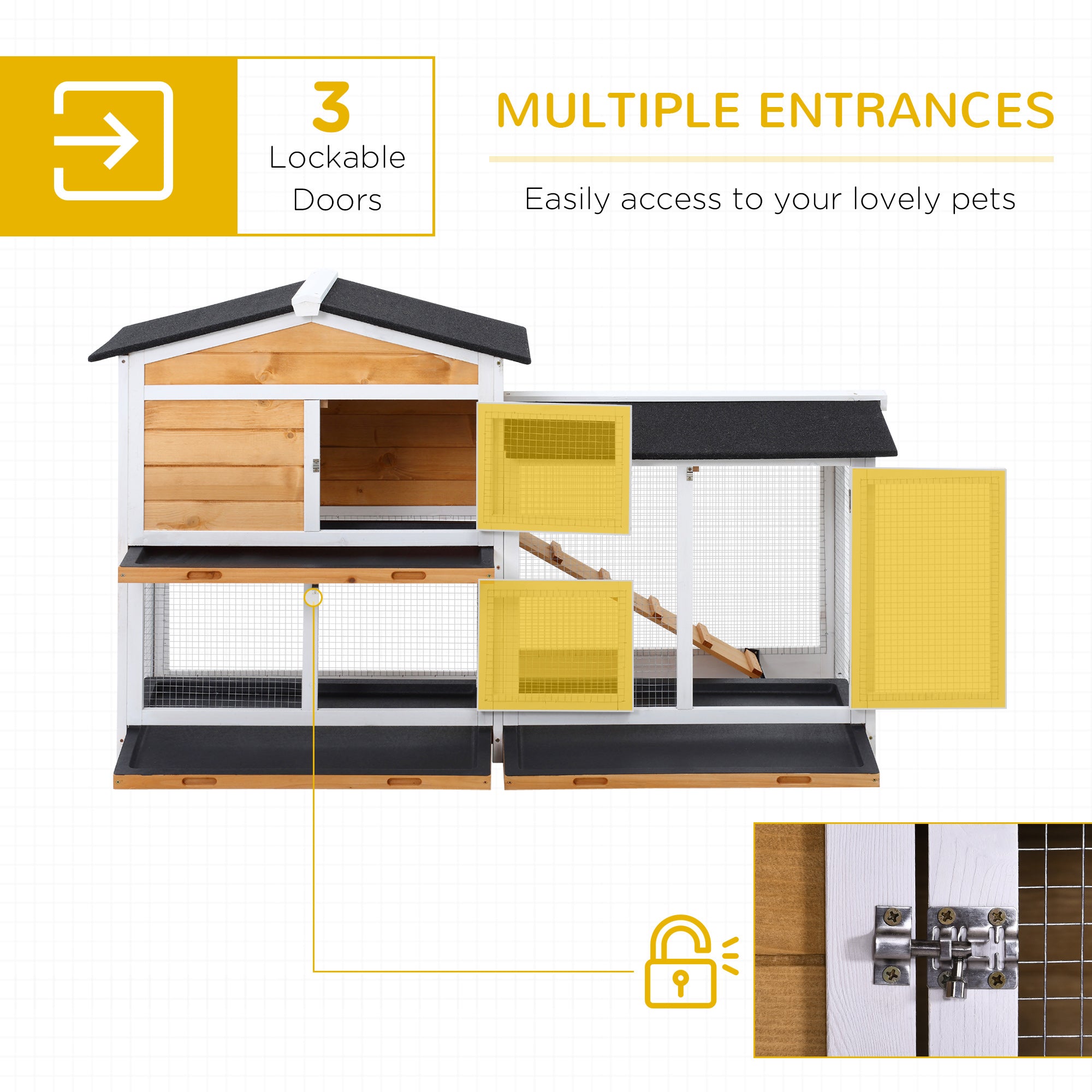 PawHut Rabbit Hutch Guinea Pig Hutch Wooden House with Run, 2 Tier Pet Cage Outdoor with No-leak Plastic Trays, 157.4 x 53 x 93.5cm, Yellow 