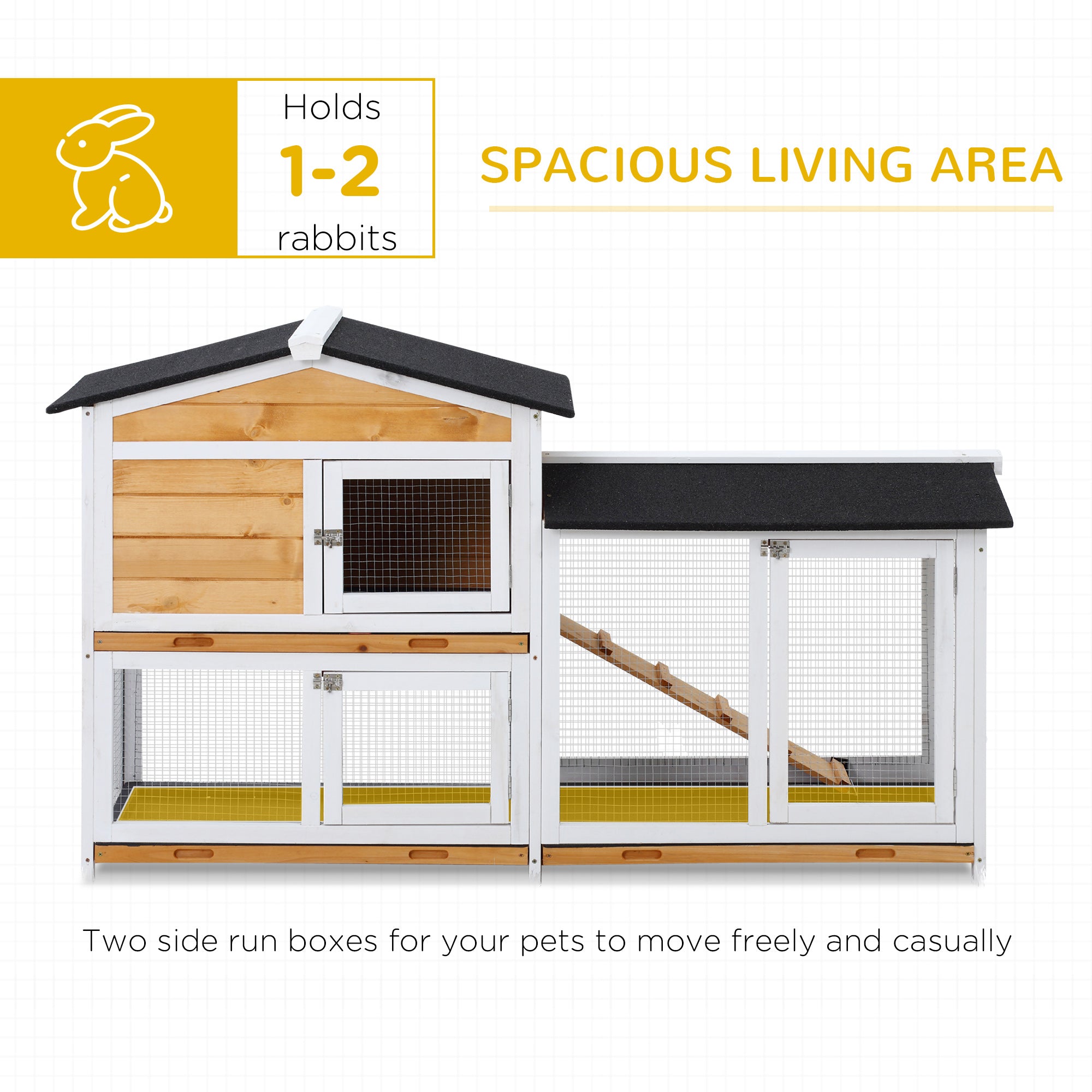 PawHut Rabbit Hutch Guinea Pig Hutch Wooden House with Run, 2 Tier Pet Cage Outdoor with No-leak Plastic Trays, 157.4 x 53 x 93.5cm, Yellow 