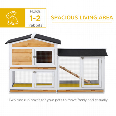 PawHut Rabbit Hutch Guinea Pig Hutch Wooden House with Run, 2 Tier Pet Cage Outdoor with No-leak Plastic Trays, 157.4 x 53 x 93.5cm, Yellow 