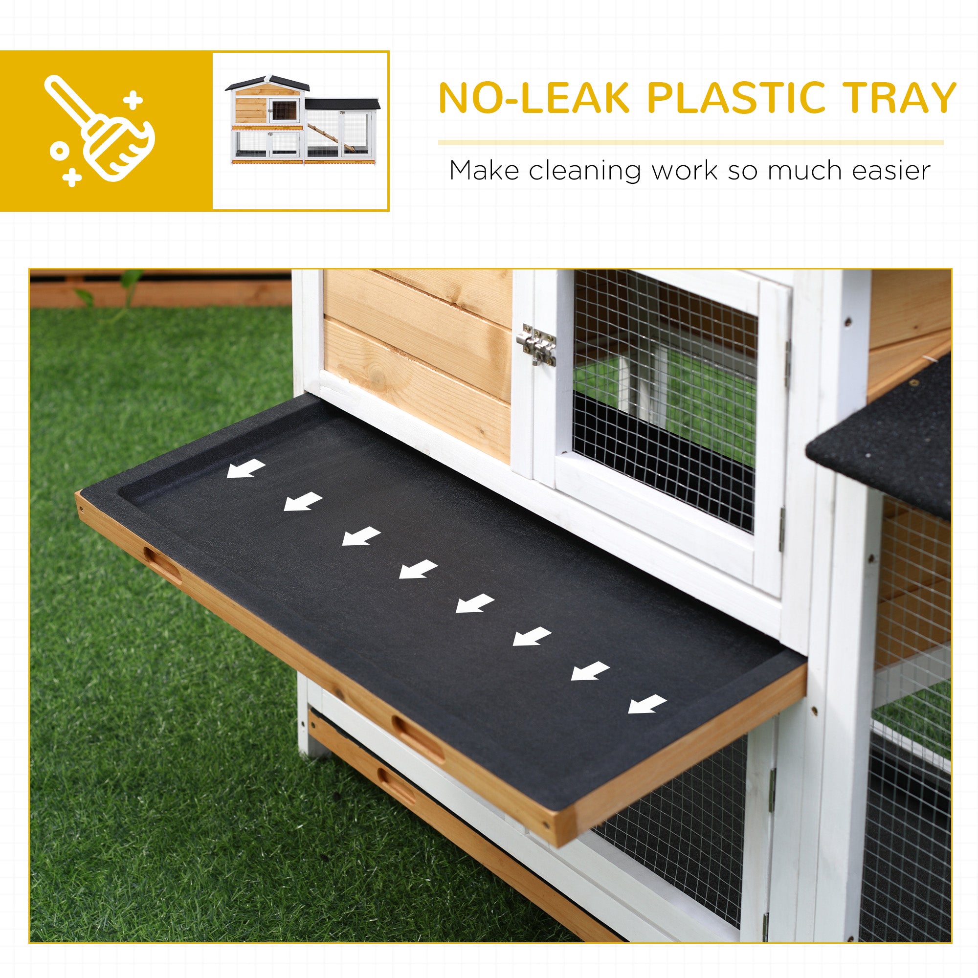 PawHut Rabbit Hutch Guinea Pig Hutch Wooden House with Run, 2 Tier Pet Cage Outdoor with No-leak Plastic Trays, 157.4 x 53 x 93.5cm, Yellow 