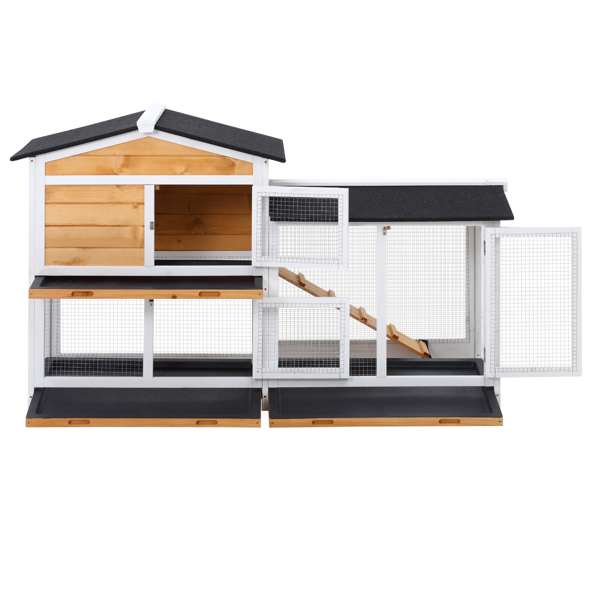 PawHut Rabbit Hutch Guinea Pig Hutch Wooden House with Run, 2 Tier Pet Cage Outdoor with No-leak Plastic Trays, 157.4 x 53 x 93.5cm, Yellow 