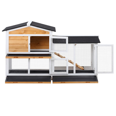 PawHut Rabbit Hutch Guinea Pig Hutch Wooden House with Run, 2 Tier Pet Cage Outdoor with No-leak Plastic Trays, 157.4 x 53 x 93.5cm, Yellow 