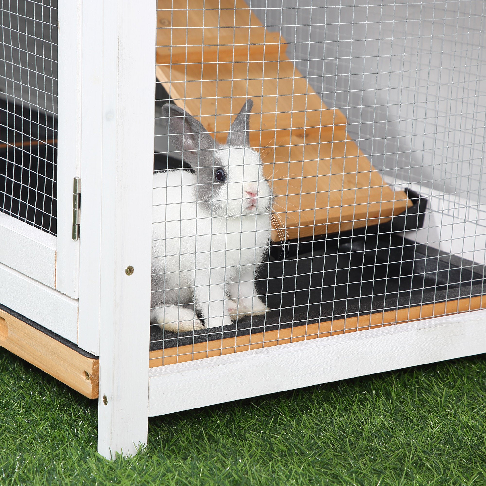 PawHut Rabbit Hutch Guinea Pig Hutch Wooden House with Run, 2 Tier Pet Cage Outdoor with No-leak Plastic Trays, 157.4 x 53 x 93.5cm, Yellow 