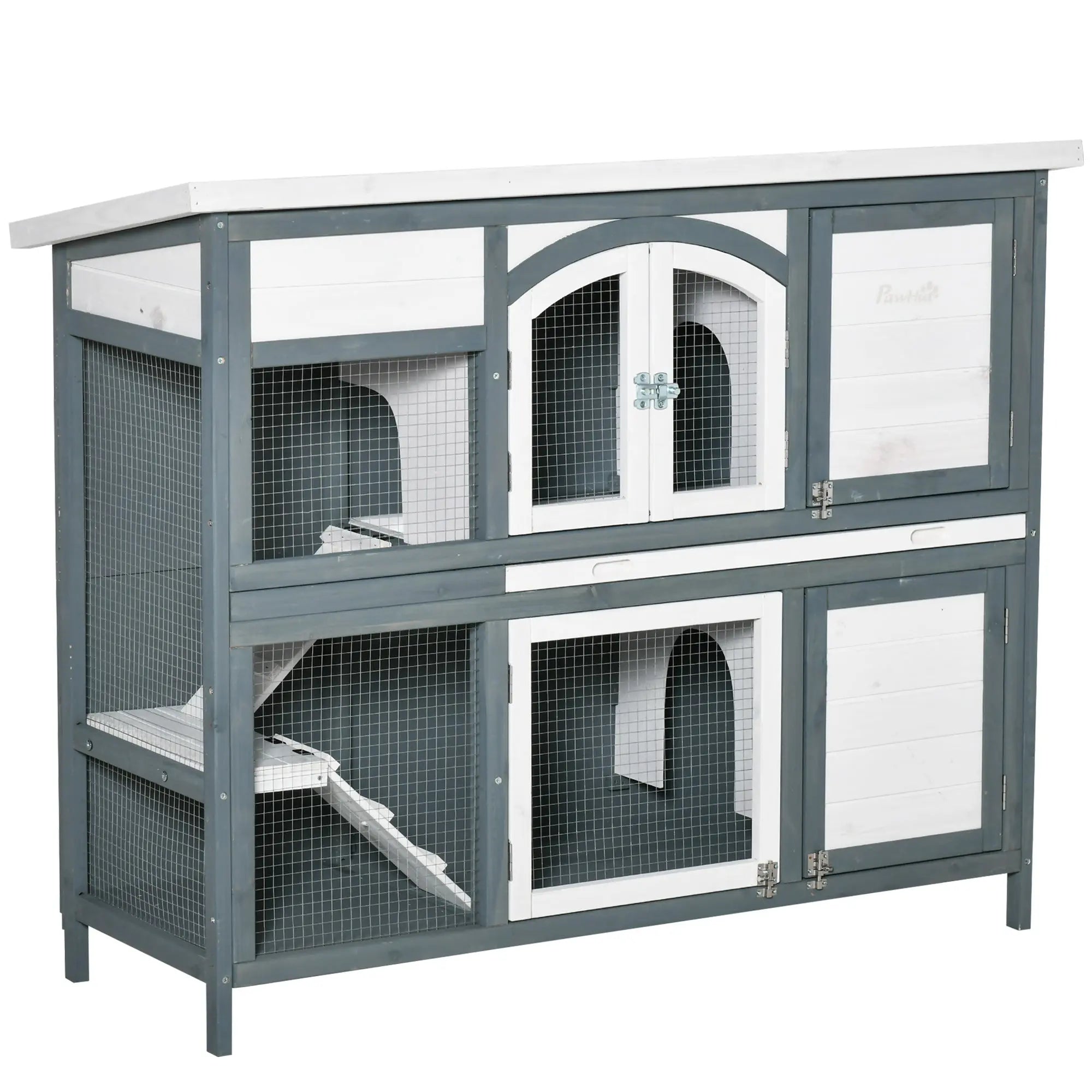 PawHut Rabbit Hutch Outdoor Guinea Pig Hutch 2 Tier Wooden Cage w/ Ramp, Divider, Openable Roof, 125 x 48 x 100cm - Grey 