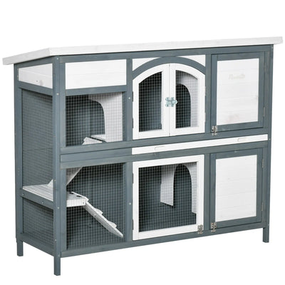 PawHut Rabbit Hutch Outdoor Guinea Pig Hutch 2 Tier Wooden Cage w/ Ramp, Divider, Openable Roof, 125 x 48 x 100cm - Grey 