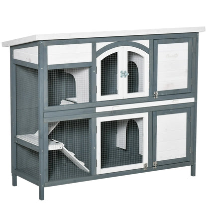 PawHut Rabbit Hutch Outdoor Guinea Pig Hutch 2 Tier Wooden Cage w/ Ramp, Divider, Openable Roof, 125 x 48 x 100cm - Grey 