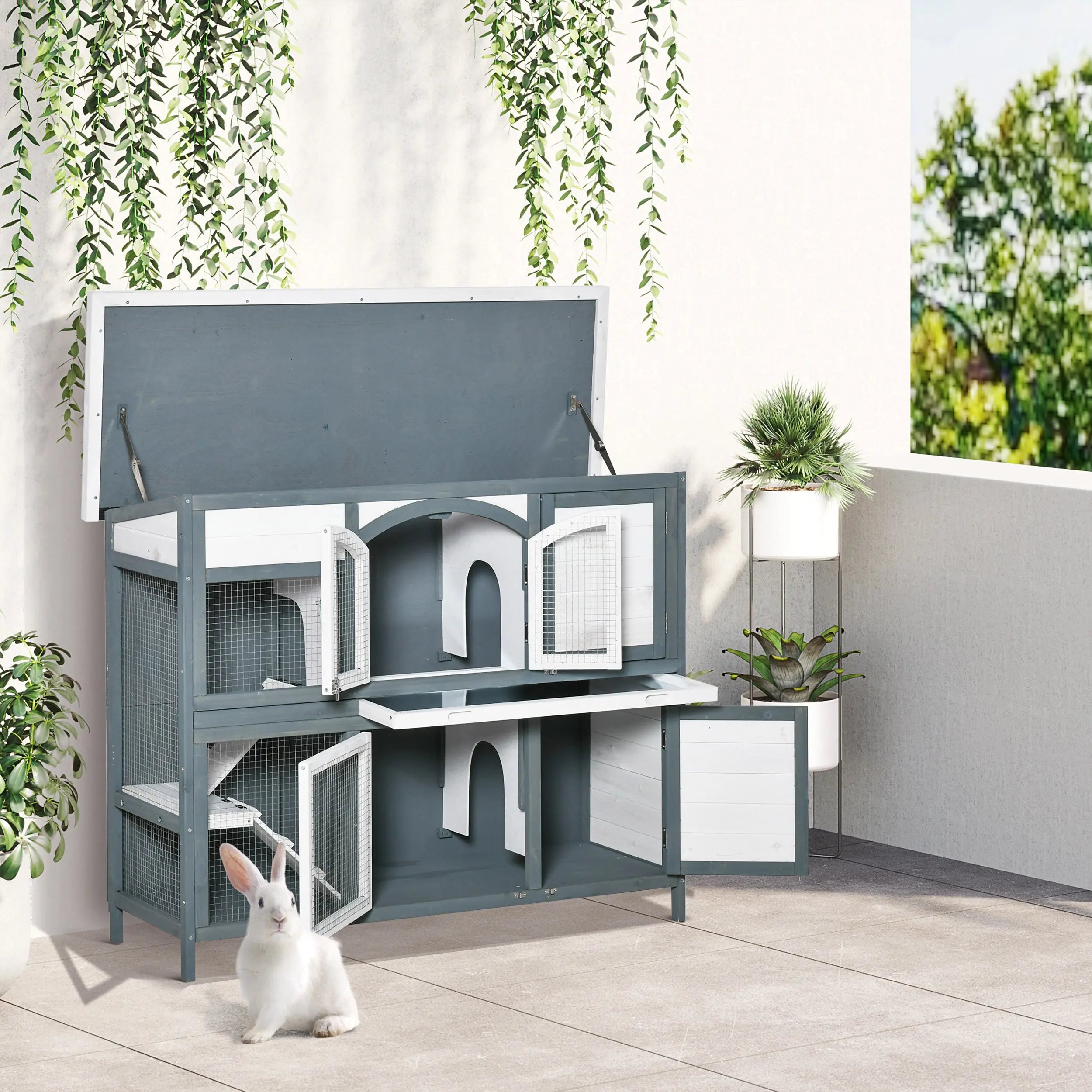 PawHut Rabbit Hutch Outdoor Guinea Pig Hutch 2 Tier Wooden Cage w/ Ramp, Divider, Openable Roof, 125 x 48 x 100cm - Grey 
