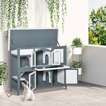 PawHut Rabbit Hutch Outdoor Guinea Pig Hutch 2 Tier Wooden Cage w/ Ramp, Divider, Openable Roof, 125 x 48 x 100cm - Grey 