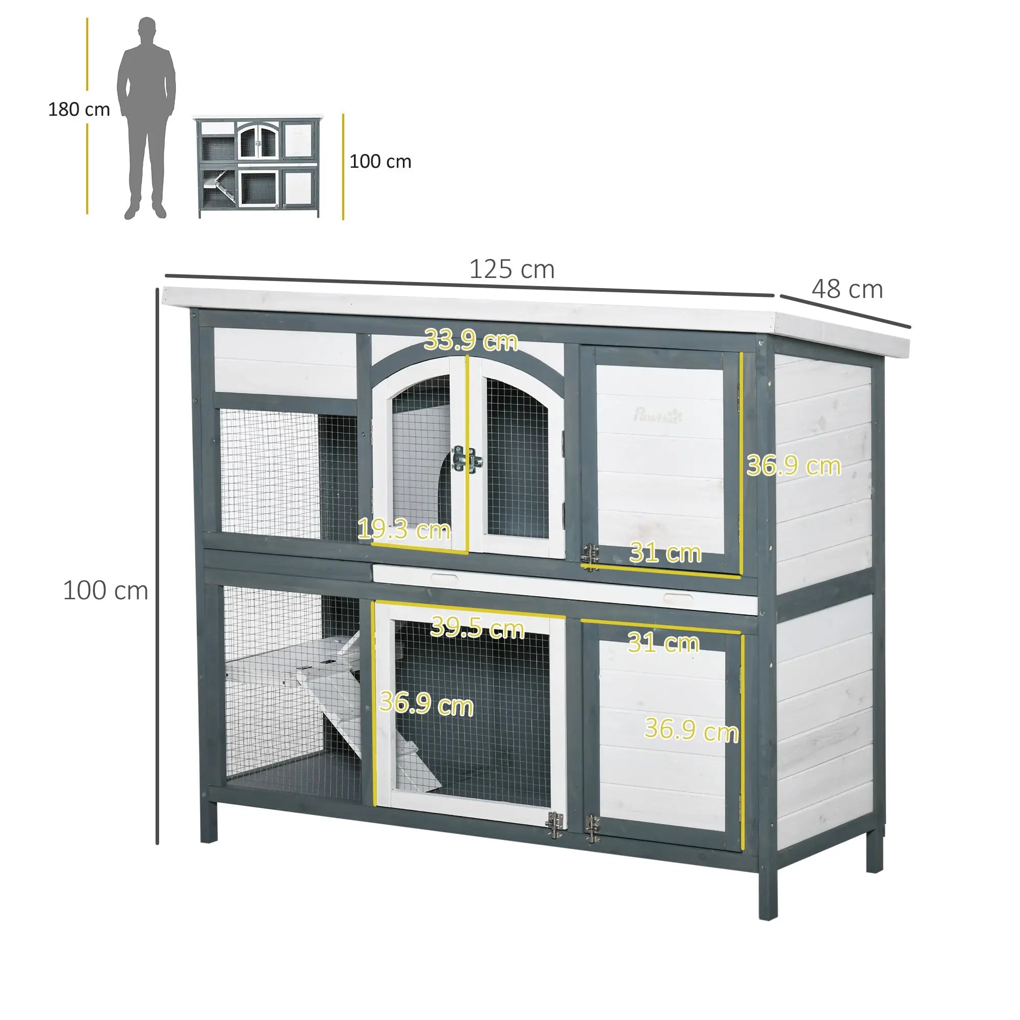PawHut Rabbit Hutch Outdoor Guinea Pig Hutch 2 Tier Wooden Cage w/ Ramp, Divider, Openable Roof, 125 x 48 x 100cm - Grey 
