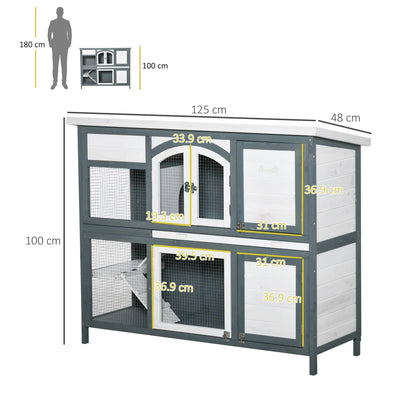 PawHut Rabbit Hutch Outdoor Guinea Pig Hutch 2 Tier Wooden Cage w/ Ramp, Divider, Openable Roof, 125 x 48 x 100cm - Grey 