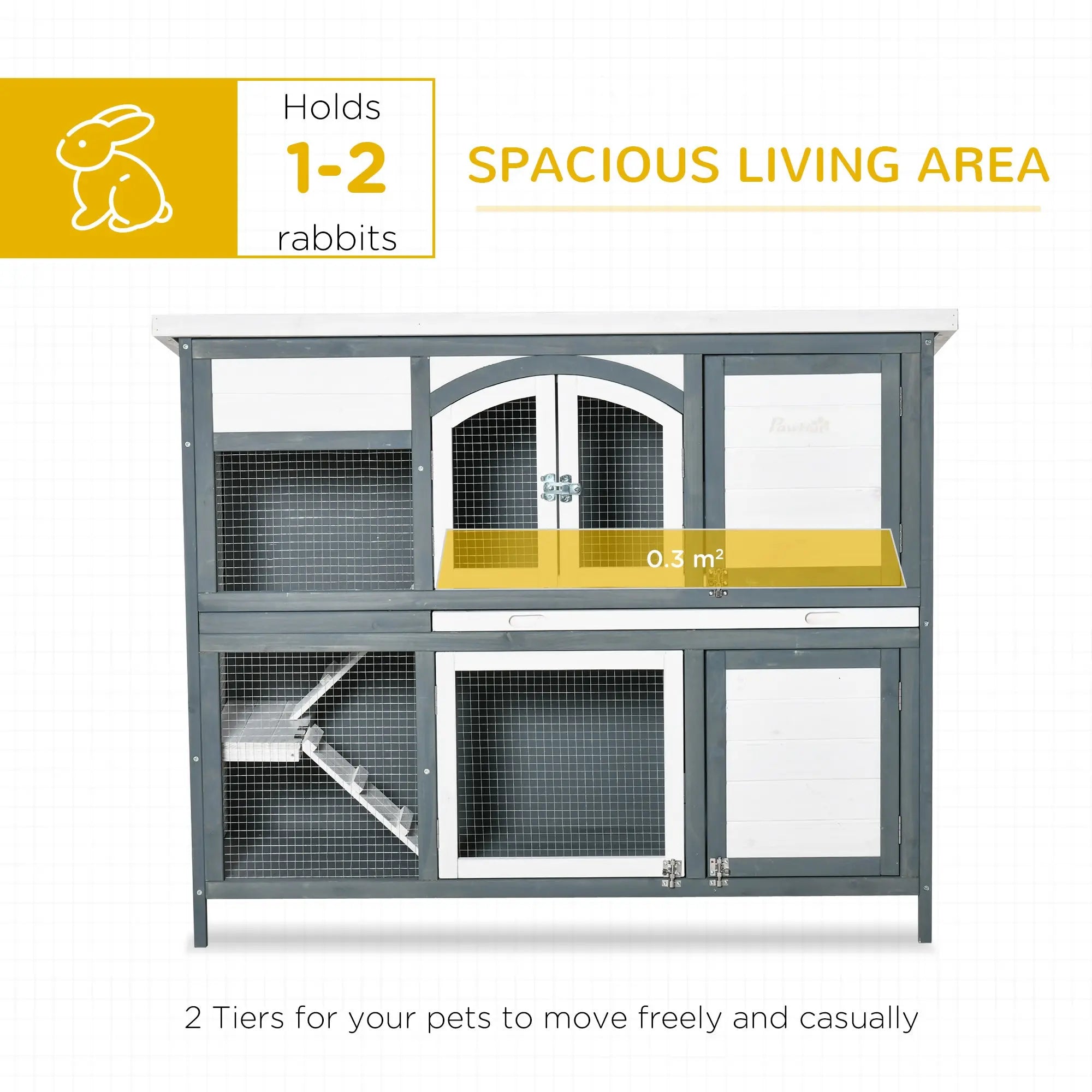 PawHut Rabbit Hutch Outdoor Guinea Pig Hutch 2 Tier Wooden Cage w/ Ramp, Divider, Openable Roof, 125 x 48 x 100cm - Grey 